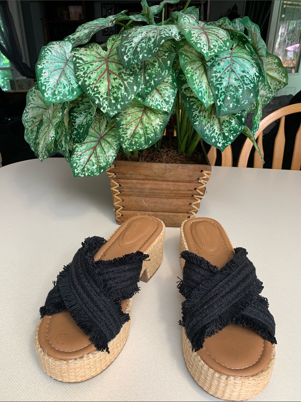 Universal Thread Black Frayed Cross-Strap Wedge Slides